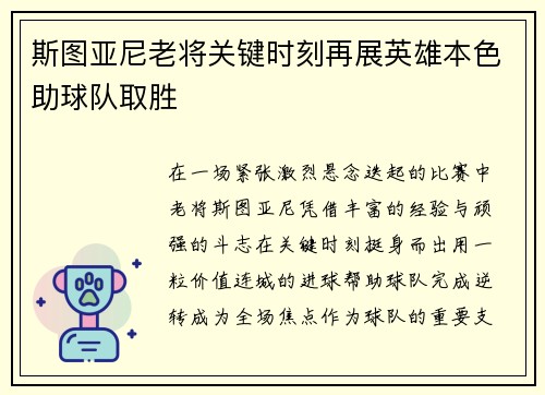 斯图亚尼老将关键时刻再展英雄本色助球队取胜